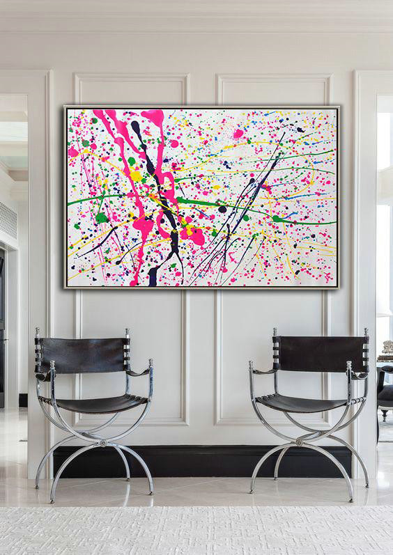 Contemporary Canvas Paintings,Oversized Horizontal Contemporary Art,Original Abstract Painting Canvas Art,Pink,White,Yellow,Green.etc